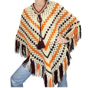 Vintage boho beige orange brown crochet knit fringe open knit poncho sweater